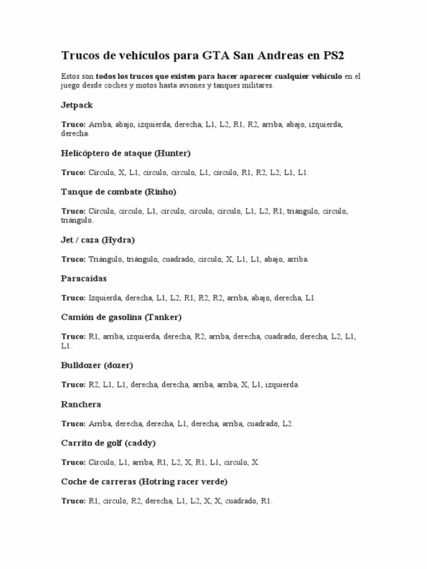 ¿Cuáles son los trucos para coches en GTA San Andreas para PS2?