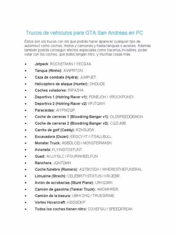 ¿Cuáles son los trucos para coches en GTA San Andreas para PS2?