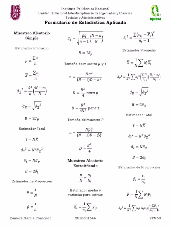 ¿Cuáles son las fórmulas en estadística?