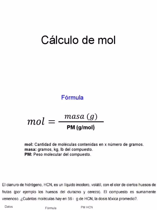 ¿Cuál es la fórmula del mol?