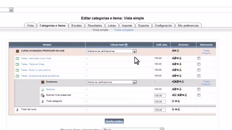 ¿Cómo cambio el total del curso en Moodle?