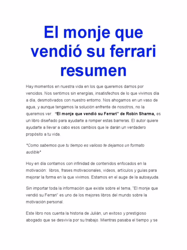 ¿Cuál es la principal enseñanza del monje que vendió su Ferrari?